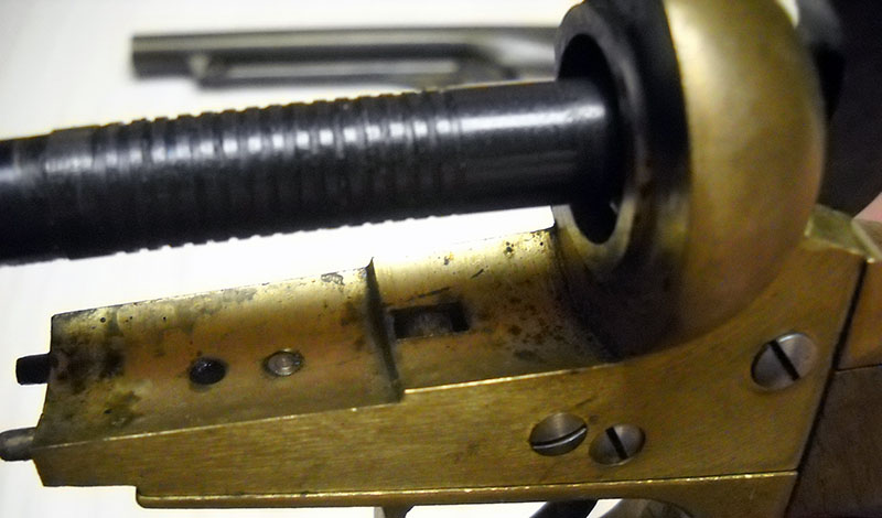 detail, Colt 1851 cylinder lock at half cock